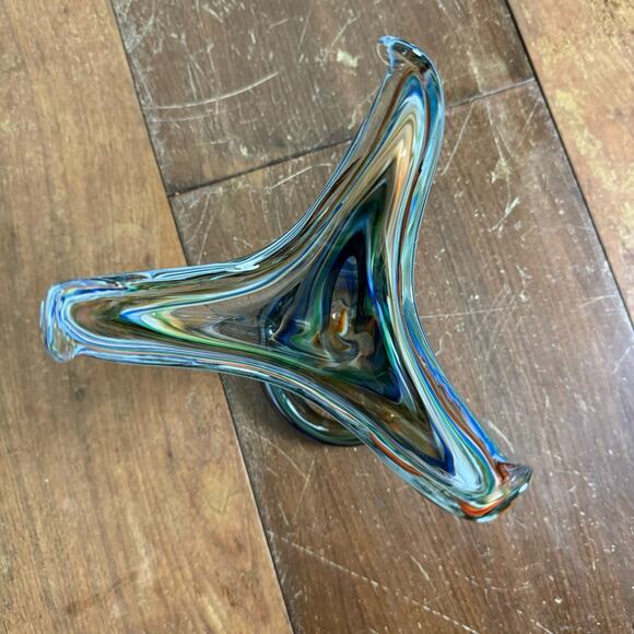 MCM Vintage Blue Green Murano Style Stretched Serpentine Vase Blown Art‎ Glass - Picture 8 of 9